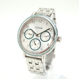 Fossil Reid Silver Blue Tone 34mm Day Date Watch BQ3711 Steel 5.5" Bracelet